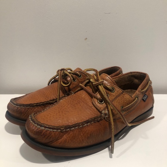 RALPH LAUREN POLO Bienne Boat Shoes Mens Sz 8 D Brown Leather Lace Up Loafers - Picture 3 of 5
